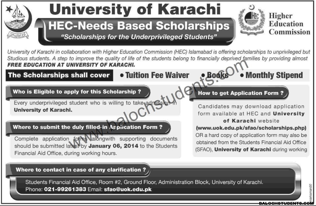 University of Karachi HEC Needs Based Scholarships