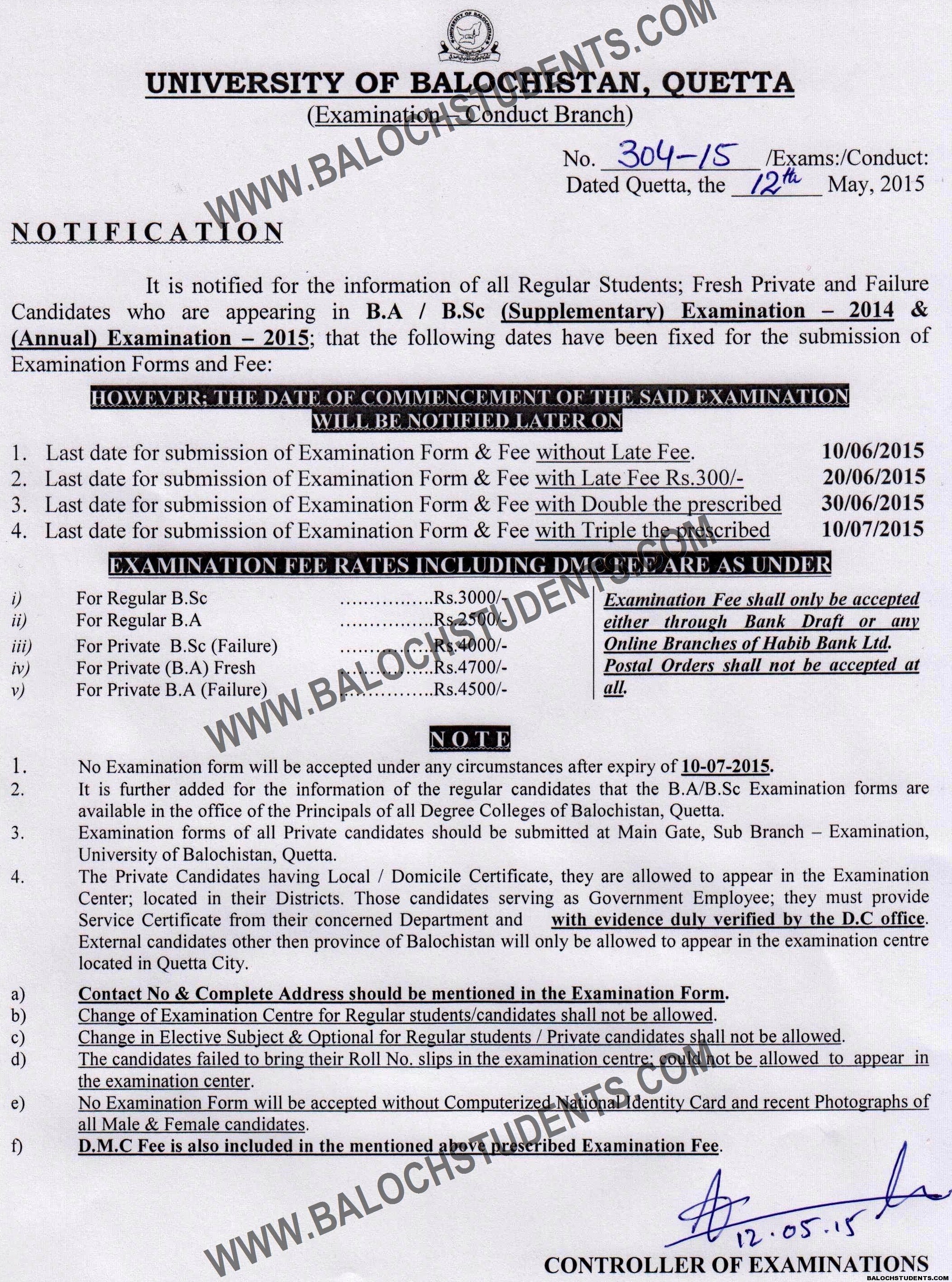 Notification ofBA-B.Sc(Supplementary)2014&(Annual)2015 Examination12-5-15